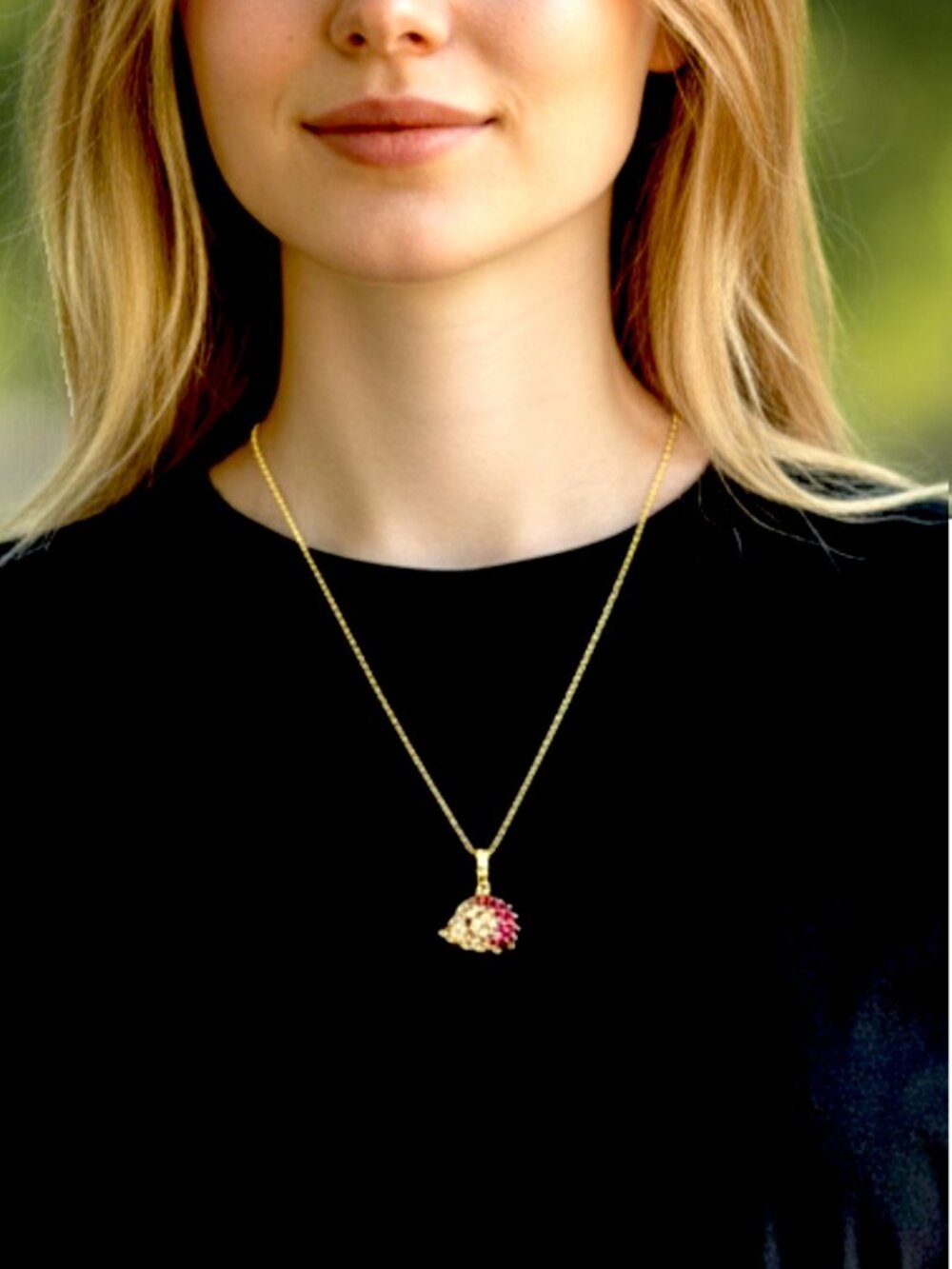 Jeweled Hedgehog Necklace 18K Gold Filled Pink Crystal Charm GF Chain 16"-18"